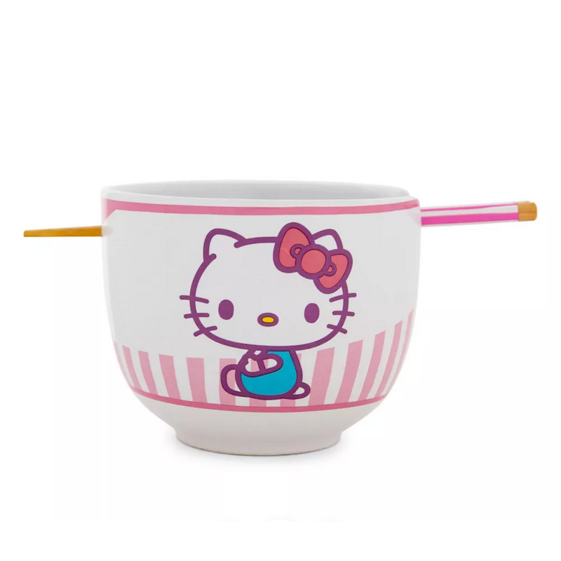 Hello Kitty Tokyo Pink Stripes Ramen Bowl with Chopsticks and Spoon